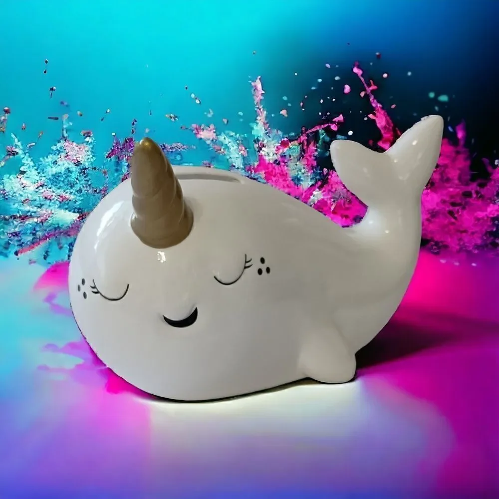 Target Narwhal Bank Ceramic White Pillowfort Piggy Coin‎ Figurine Coastal Beach.